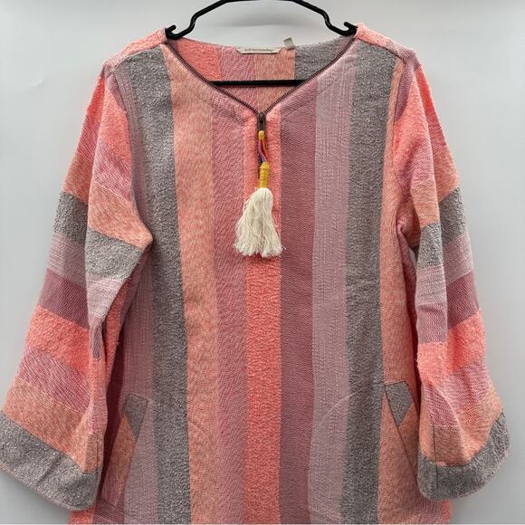 Soft Surroundings Pink, Peach & Gray Striped Zip Neck Tassel Sweater Size‎ M - Picture 2 of 9